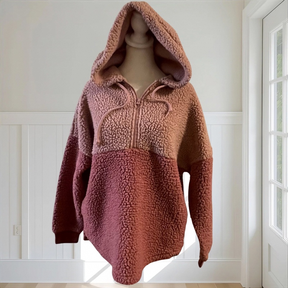 PINK VICTORIA'S SECRET Sherpa Fleece Half-Zip Hoodie Colorblock Pink XS Cozy - Picture 2 of 13